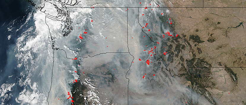 Satellite image showing the Pacific Northwest smoke and burning areas